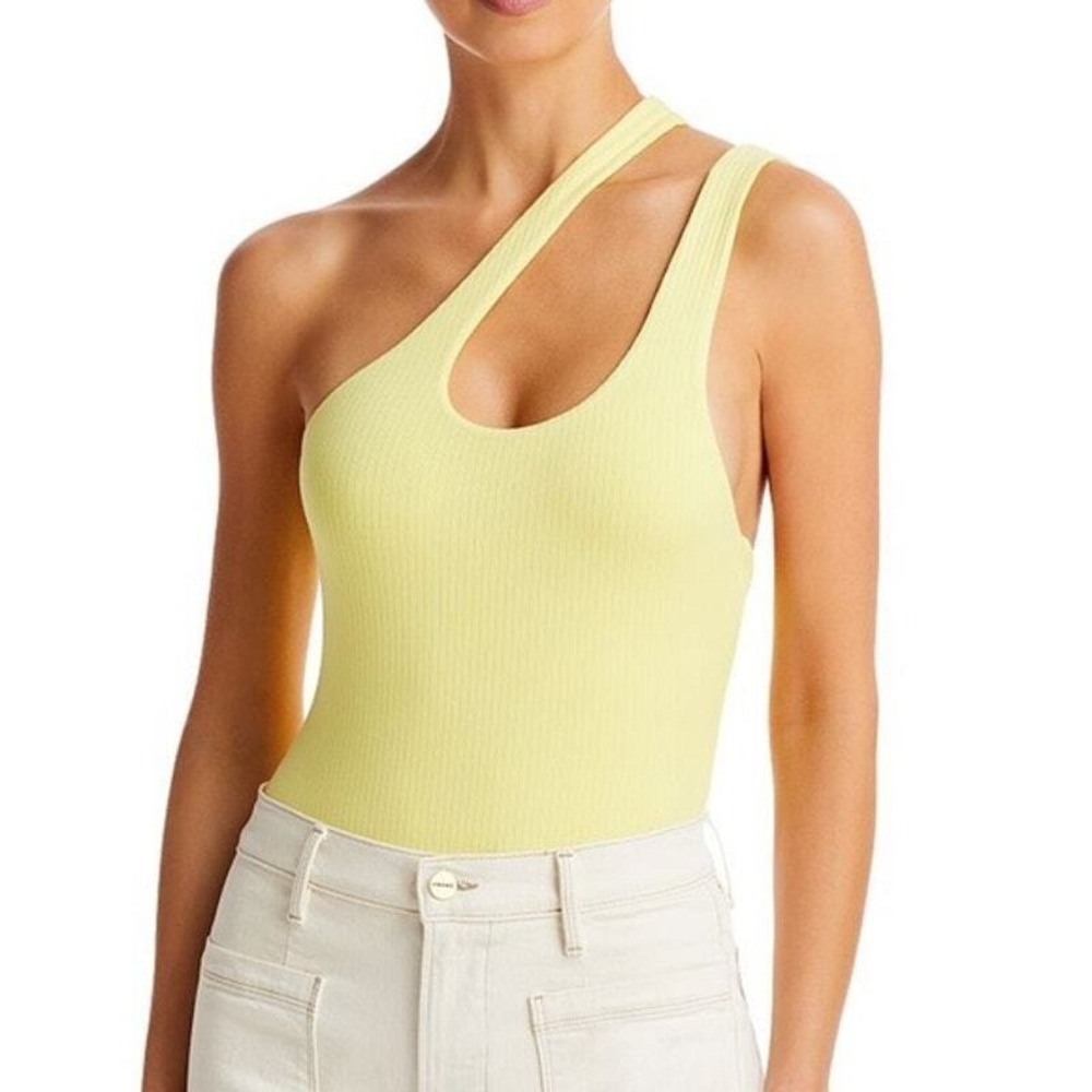 Bardot Pia Womens XS Lemon Yellow Thong Bodysuit One Shoulder Ribbed Cut Out Top